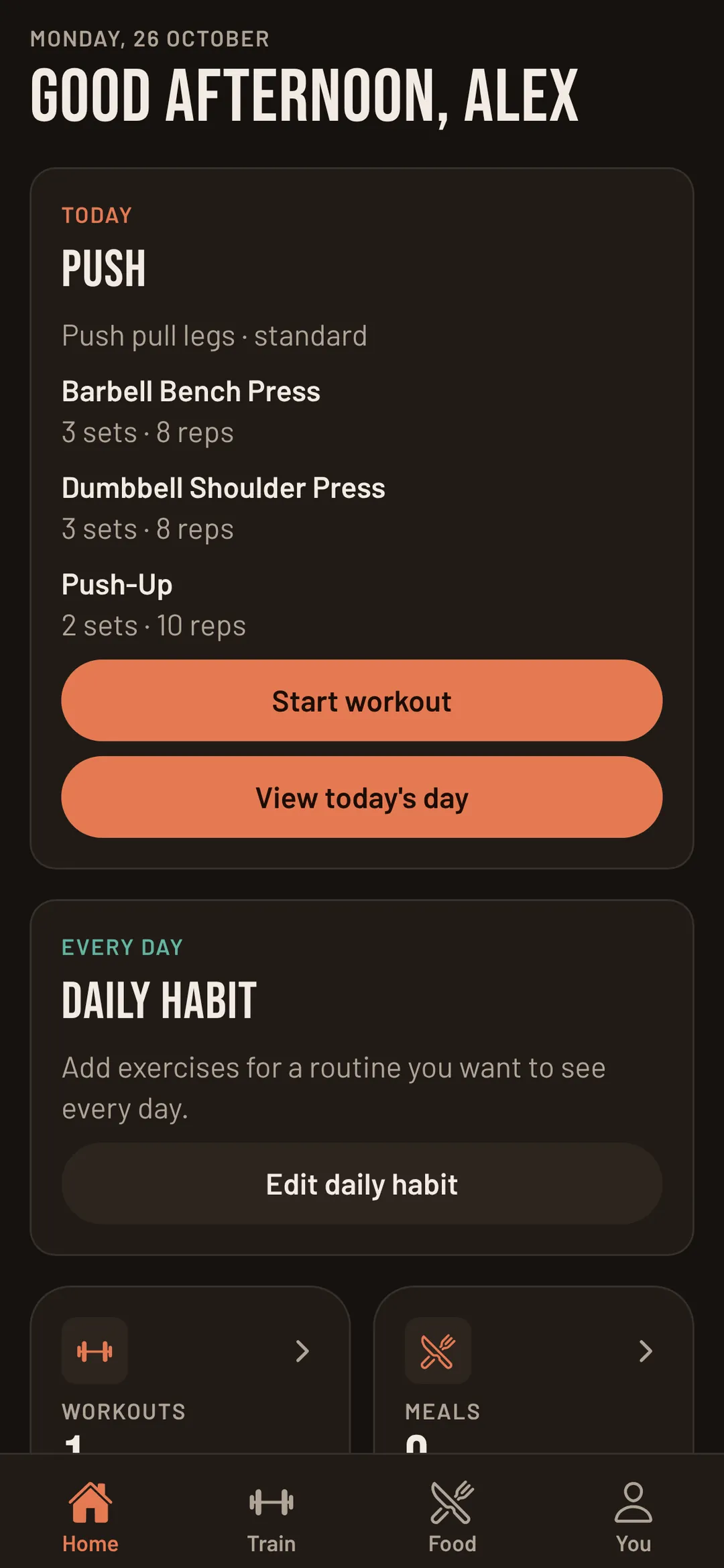 ProFit home screen showing today's Push day from a push pull legs plan, with its exercises, sets and reps and a Start workout button